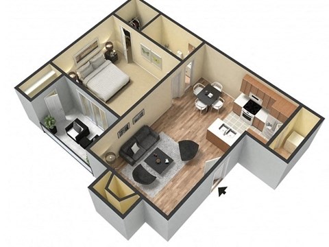 Floor plan for 1 bed, 1 bath, 641 sqft